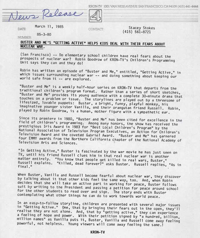 Buster and Me news release